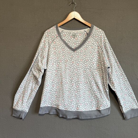 Cuddl Duds Sweater Womens XL Pink Gray Hearts Long Sleeve Pullover Fleece Soft - Picture 1 of 7